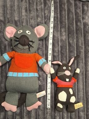Plush Knit Grey Mouse And Small Brown Bunny Toy with Sweaters - Kids Toy
